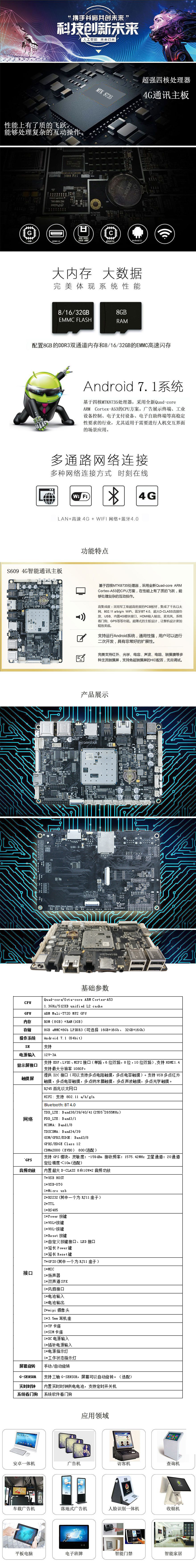 AD605_MTK8735_V1.1-A板卡集成多媒體解碼、4G模塊，GPS，液晶驅(qū)動、WIFI、藍牙、串口于一體，支持絕大部分當(dāng)前流行的視頻及圖片格式解碼。單6/單8/雙8位LVDS, 支持多種分辨率的LVDS接口顯示屏，最大支持1920*1080P解碼。RGB和MIPI最大支持1920X1080P的解碼。大大簡化整機系統(tǒng)設(shè)計，穩(wěn)定性更強，非常適合于視頻廣告機，智能家居，觸模查詢一體機，自動購買機，信息發(fā)布系統(tǒng)，智能顯示終端等機器。